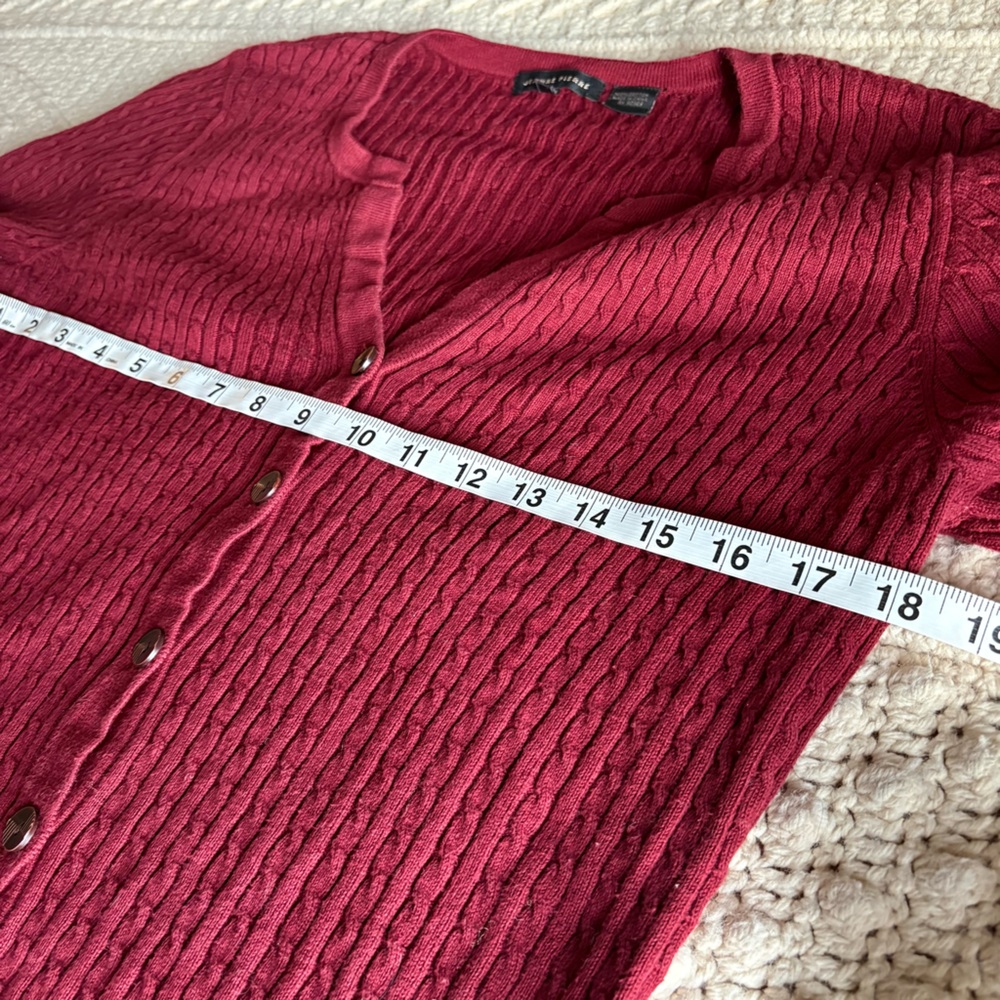 Vintage JEANNE PIERRE Deep Burgundy Maroon Red Cable Knit Button Cotton Cardigan - Picture 5 of 6